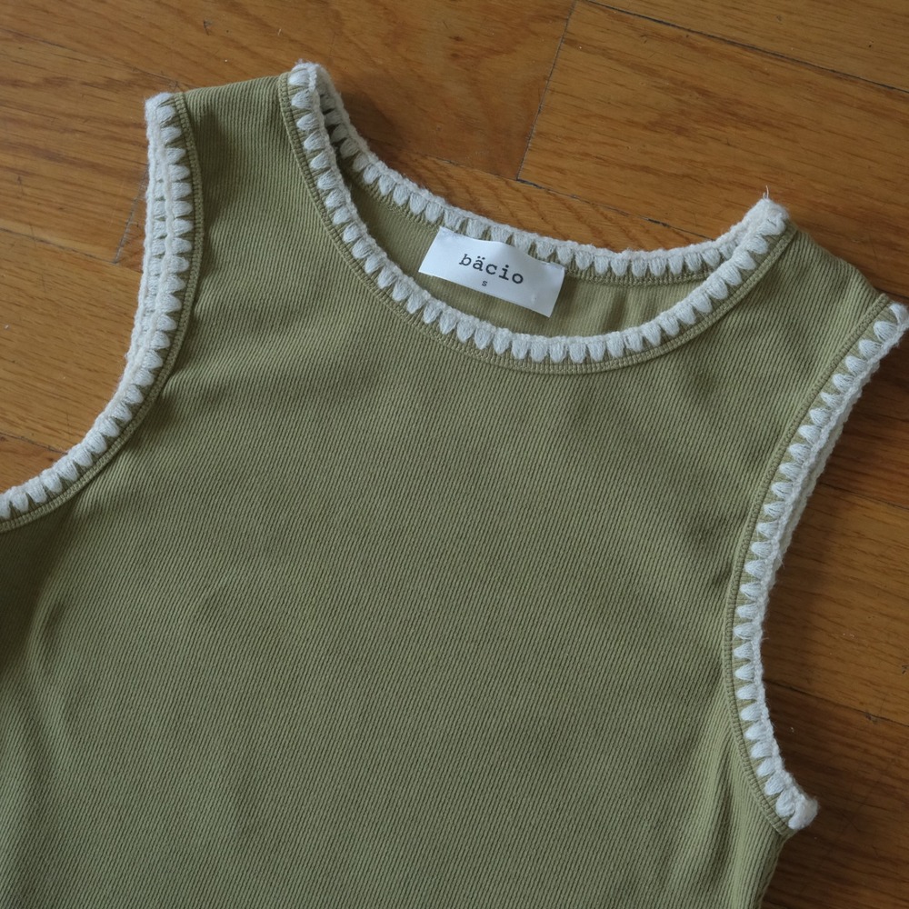 Bacio Tank Top Women‎ Green Crochet Trim Ribbed Knit S Cottagecore Casual Boho - Picture 3 of 7